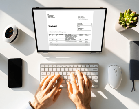 Man die typt op laptop waarop een elektronische factuur te zien is